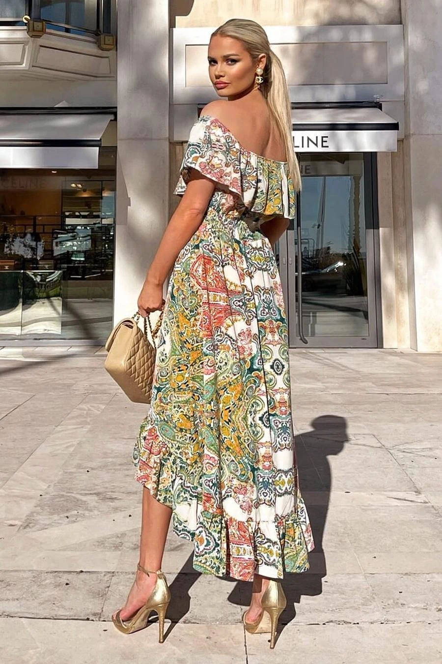 AX Paris Green Paisley Multi Printed Bardot Style Midi Dress 4 AX Paris Green Paisley Multi Printed Bardot Style Midi Dress - Image 4
