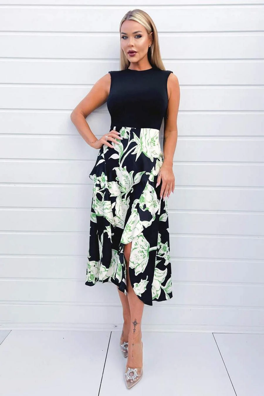 AX Paris Multi Floral 2 In 1 Frill Split Midi Dress 2 AX Paris Multi Floral 2 In 1 Frill Split Midi Dress - Image 2