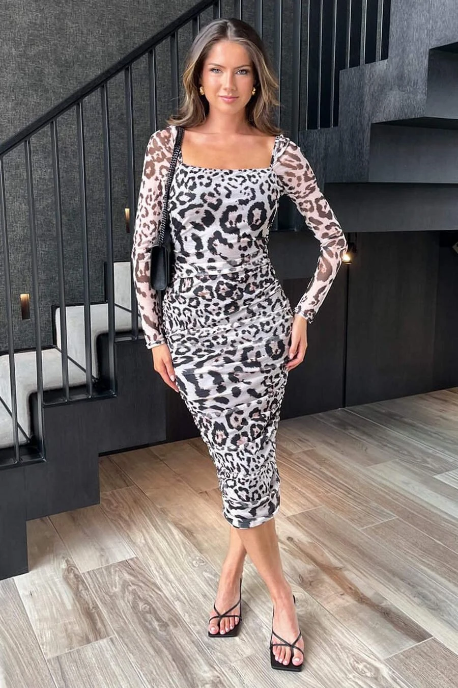 AX Paris Multi Leopard Print Square Neck Mesh Bodycon Midi Dress 2 AX Paris Multi Leopard Print Square Neck Mesh Bodycon Midi Dress - Image 2