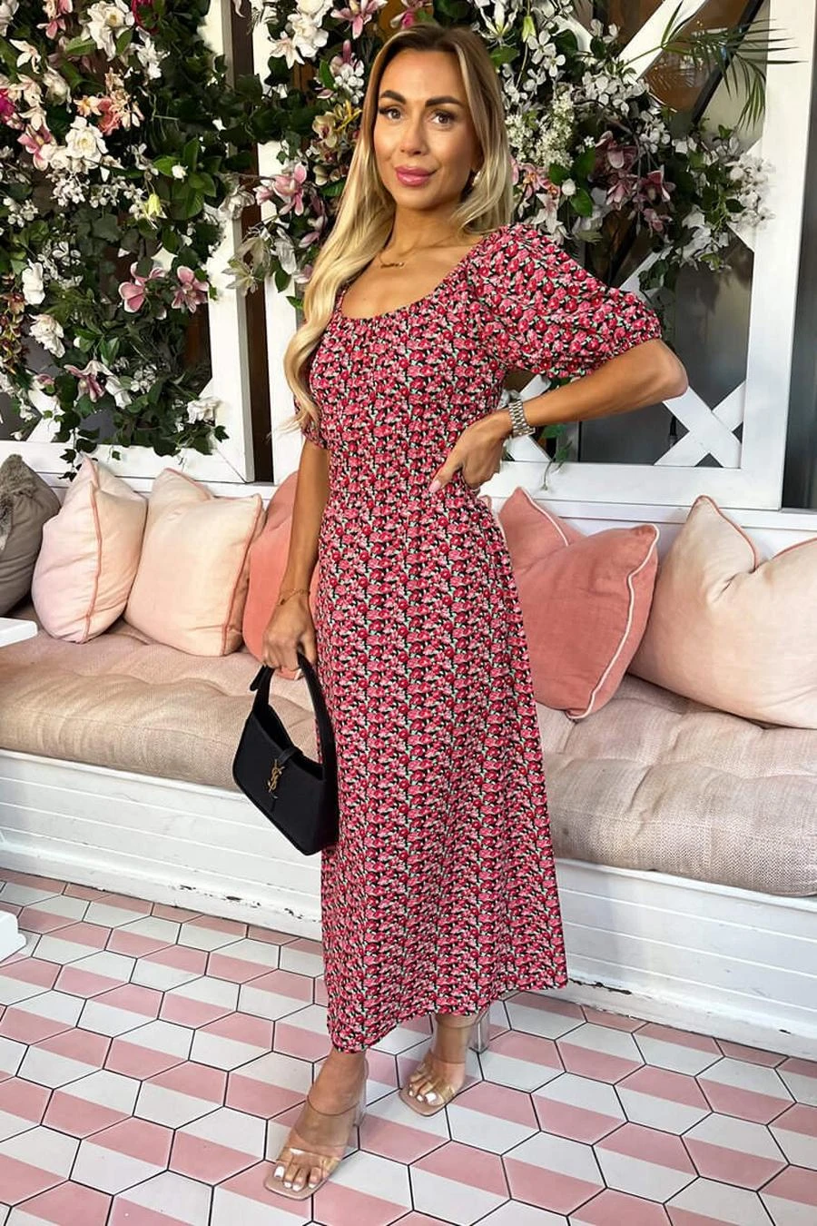 AX Paris Red Multi Floral Printed Puff Sleeve Midi Dress 2 AX Paris Red Multi Floral Printed Puff Sleeve Midi Dress - Image 2