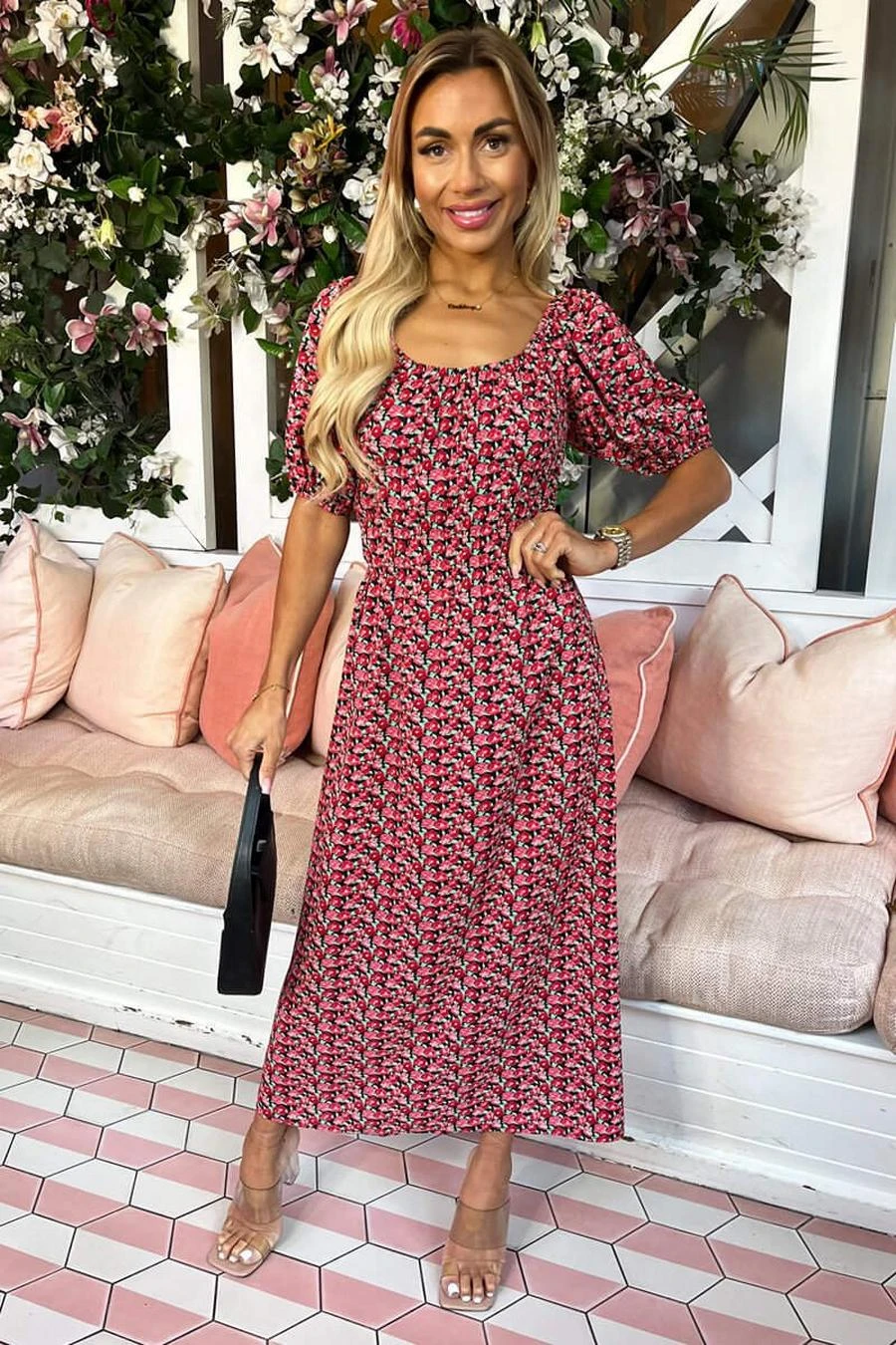 AX Paris Red Multi Floral Printed Puff Sleeve Midi Dress 3 AX Paris Red Multi Floral Printed Puff Sleeve Midi Dress - Image 3