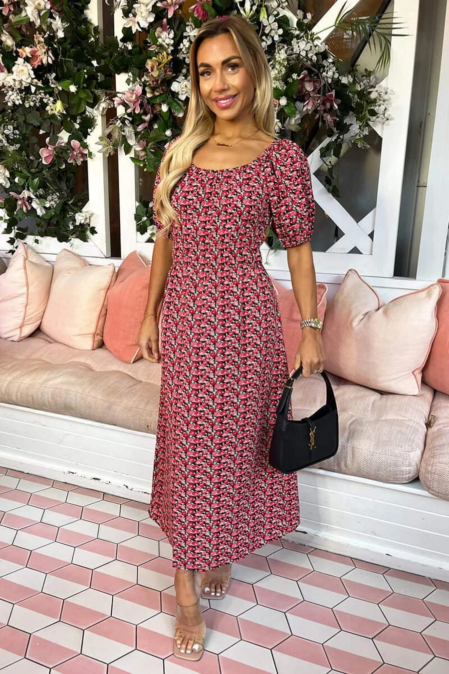 AX Paris Red Multi Floral Printed Puff Sleeve Midi Dress 4 AX Paris Red Multi Floral Printed Puff Sleeve Midi Dress - Image 4