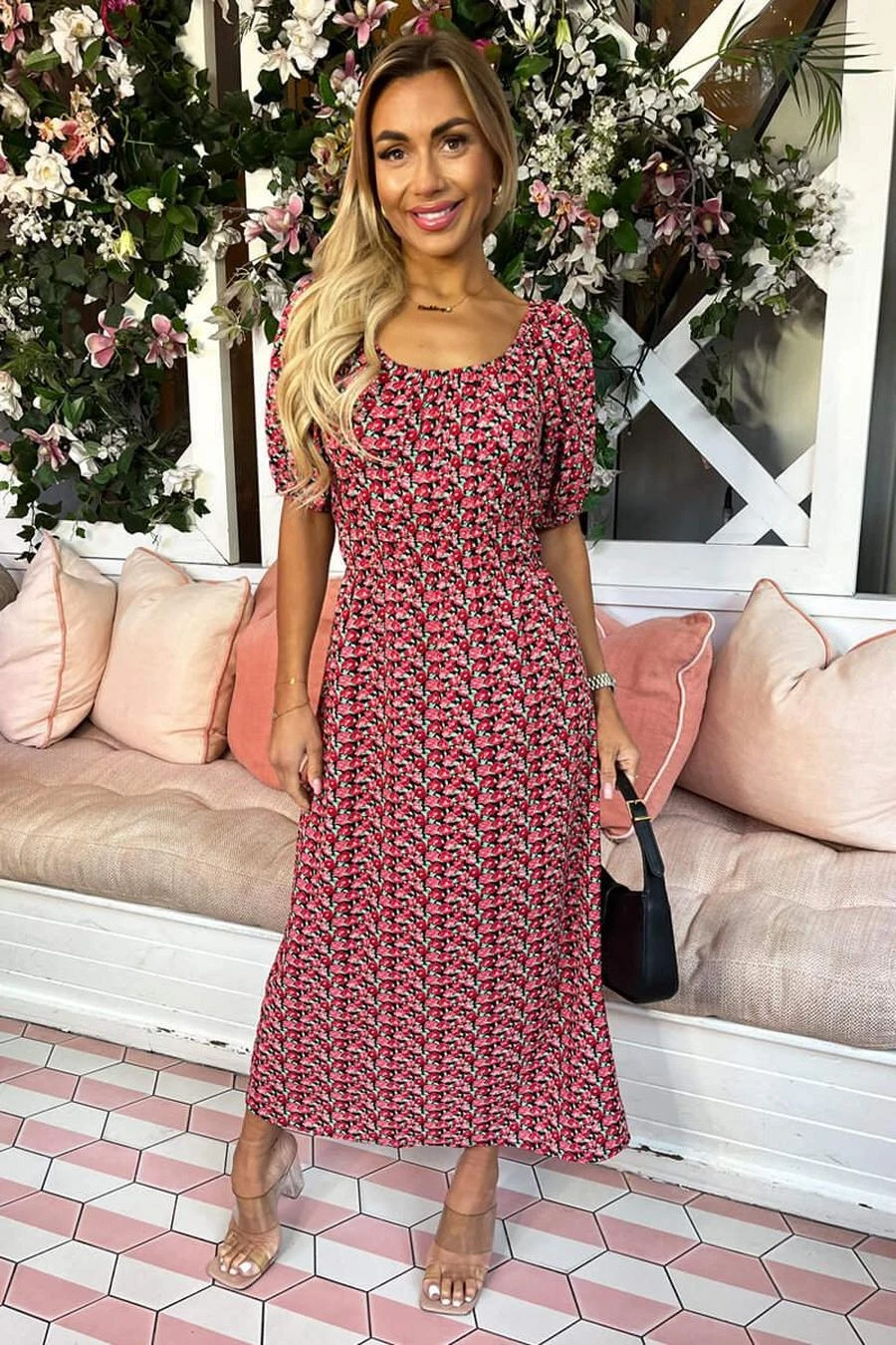 AX Paris Red Multi Floral Printed Puff Sleeve Midi Dress 1 AX Paris Red Multi Floral Printed Puff Sleeve Midi Dress