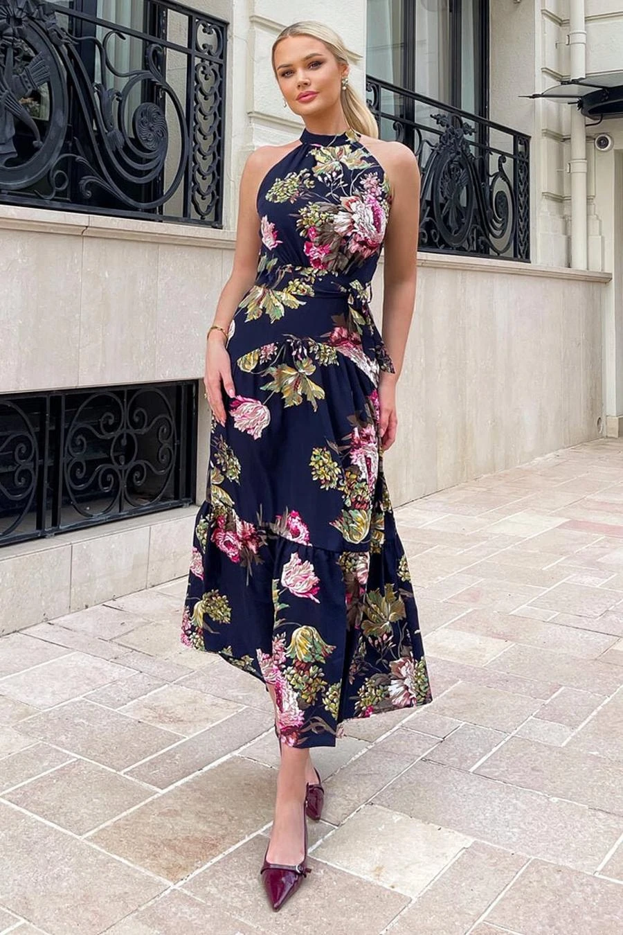 AX Paris Navy Floral Printed High Neck Tie Belt Midi Dress 3 AX Paris Navy Floral Printed High Neck Tie Belt Midi Dress - Image 3