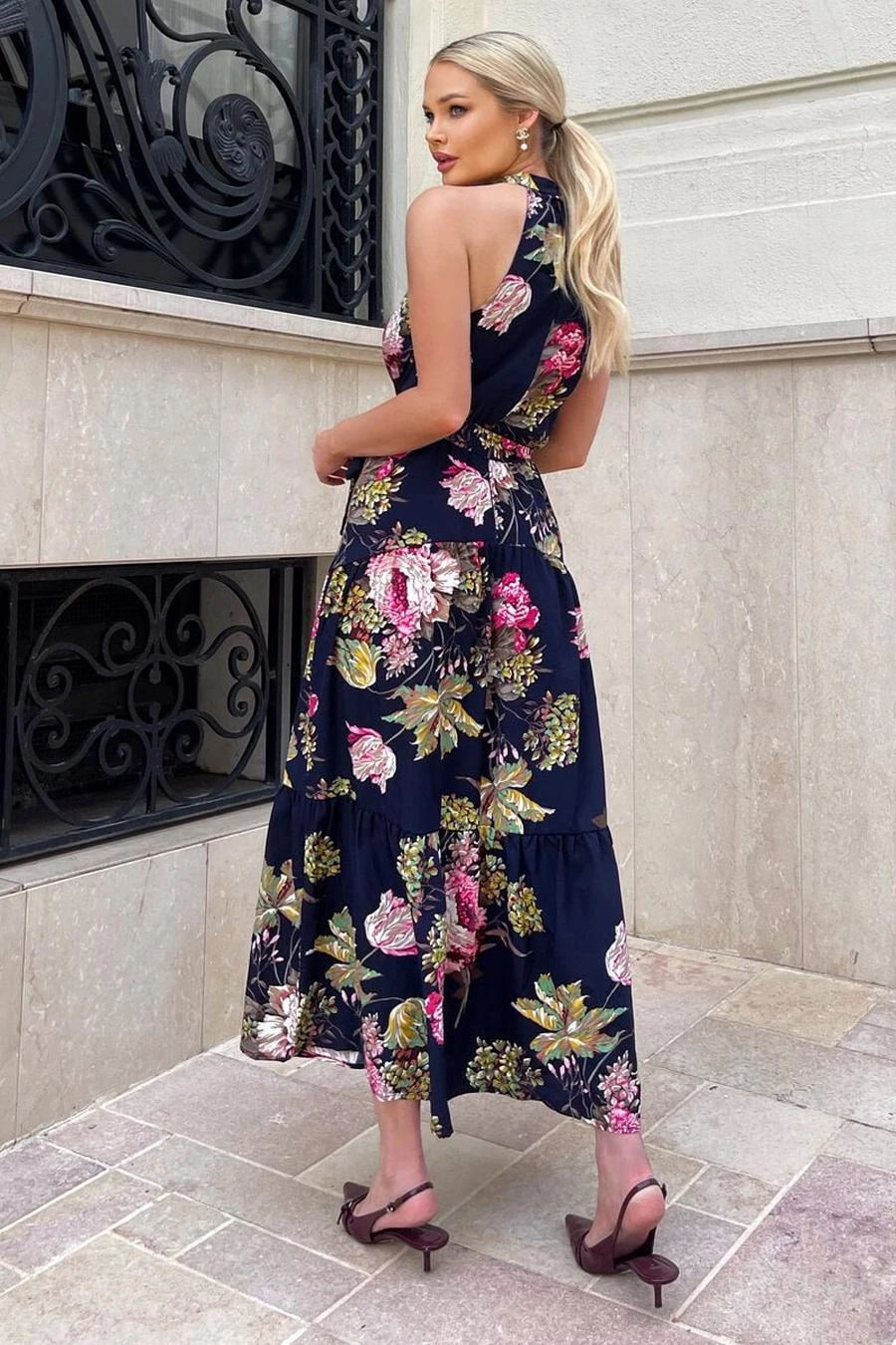 AX Paris Navy Floral Printed High Neck Tie Belt Midi Dress 4 AX Paris Navy Floral Printed High Neck Tie Belt Midi Dress - Image 4