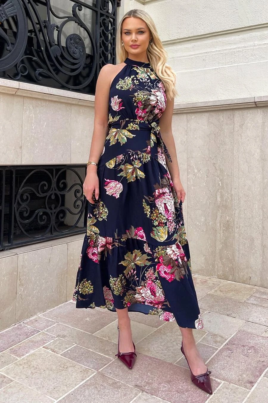 AX Paris Navy Floral Printed High Neck Tie Belt Midi Dress 1 AX Paris Navy Floral Printed High Neck Tie Belt Midi Dress
