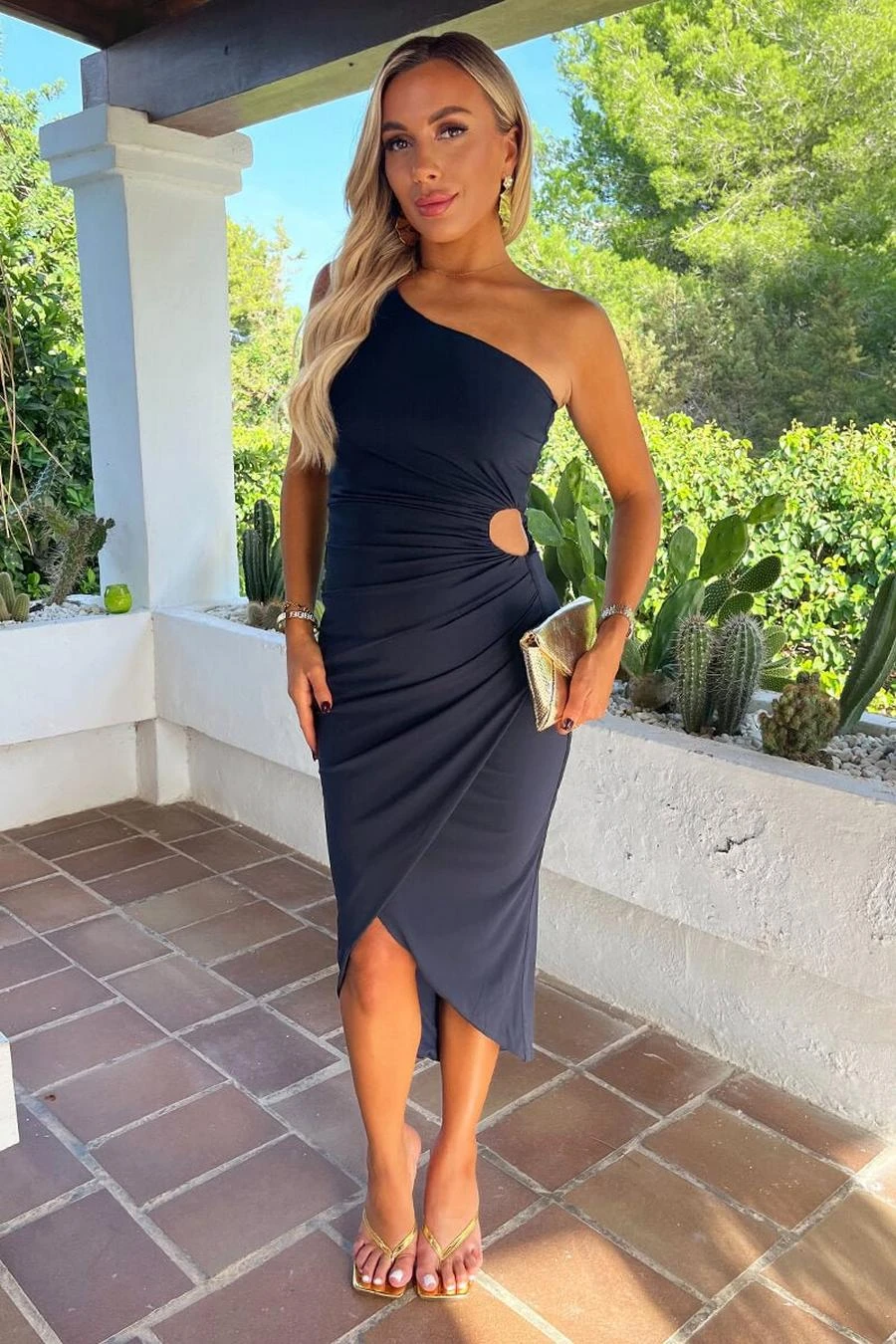 AX Paris Navy One Shoulder Cut Out Detail Draped Wrap Midi Dress 3 AX Paris Navy One Shoulder Cut Out Detail Draped Wrap Midi Dress - Image 3