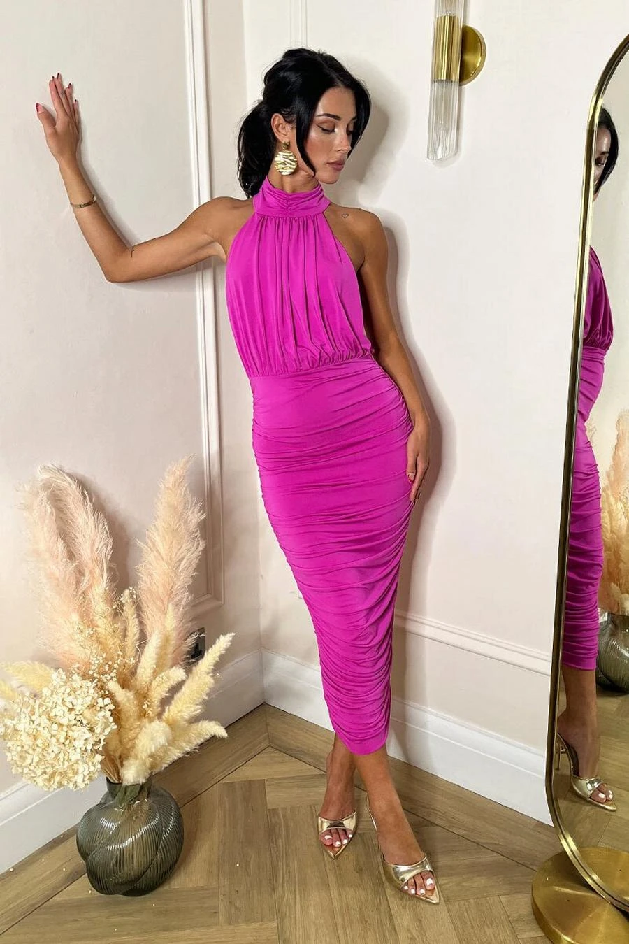AX Paris Hot Pink Halter Neck Ruched Bodycon Midi Dress 3 AX Paris Hot Pink Halter Neck Ruched Bodycon Midi Dress - Image 3