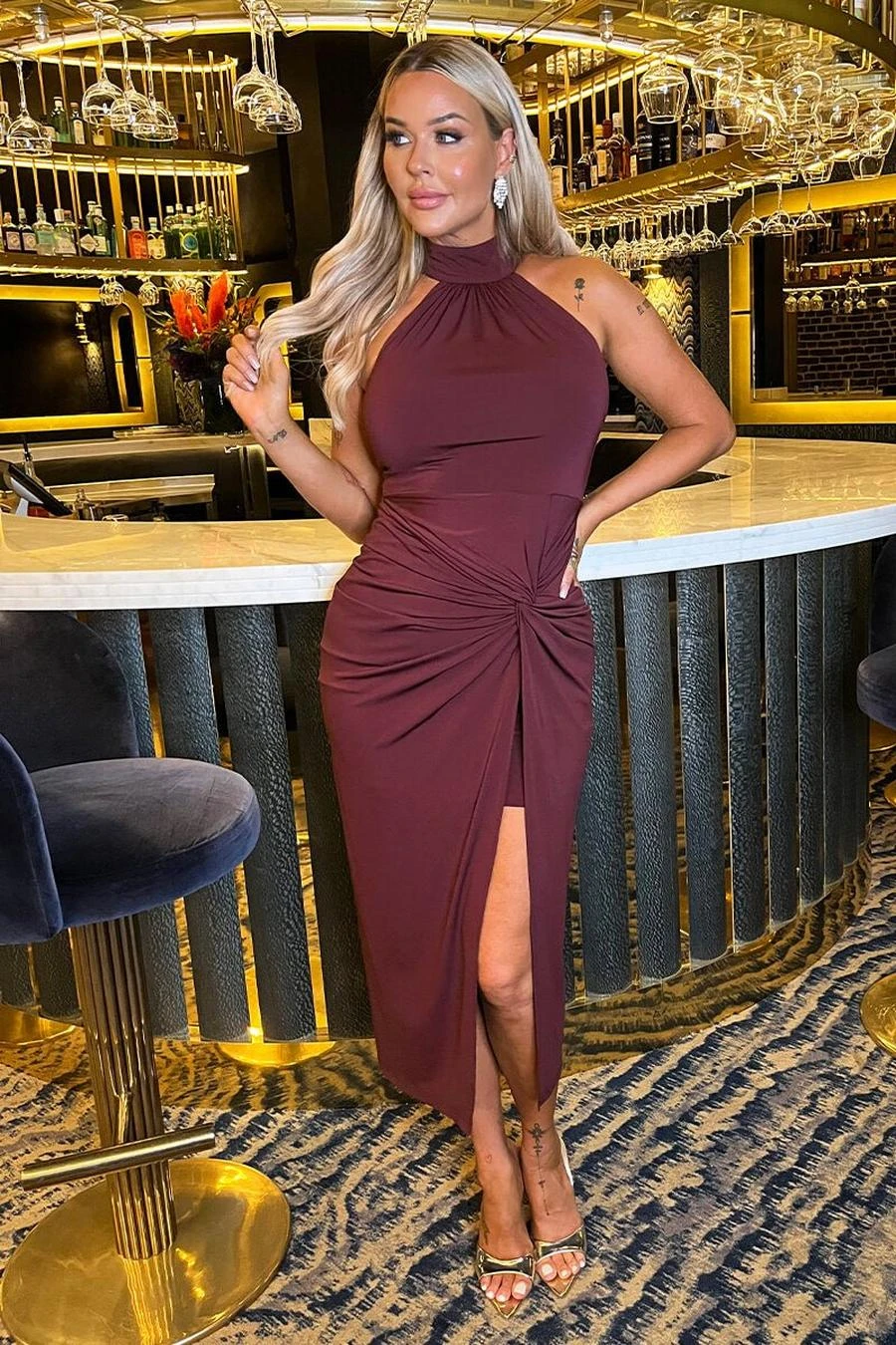 AX Paris Plum Halter Neck Knot Skirt Midi Dress 3 AX Paris Plum Halter Neck Knot Skirt Midi Dress - Image 3