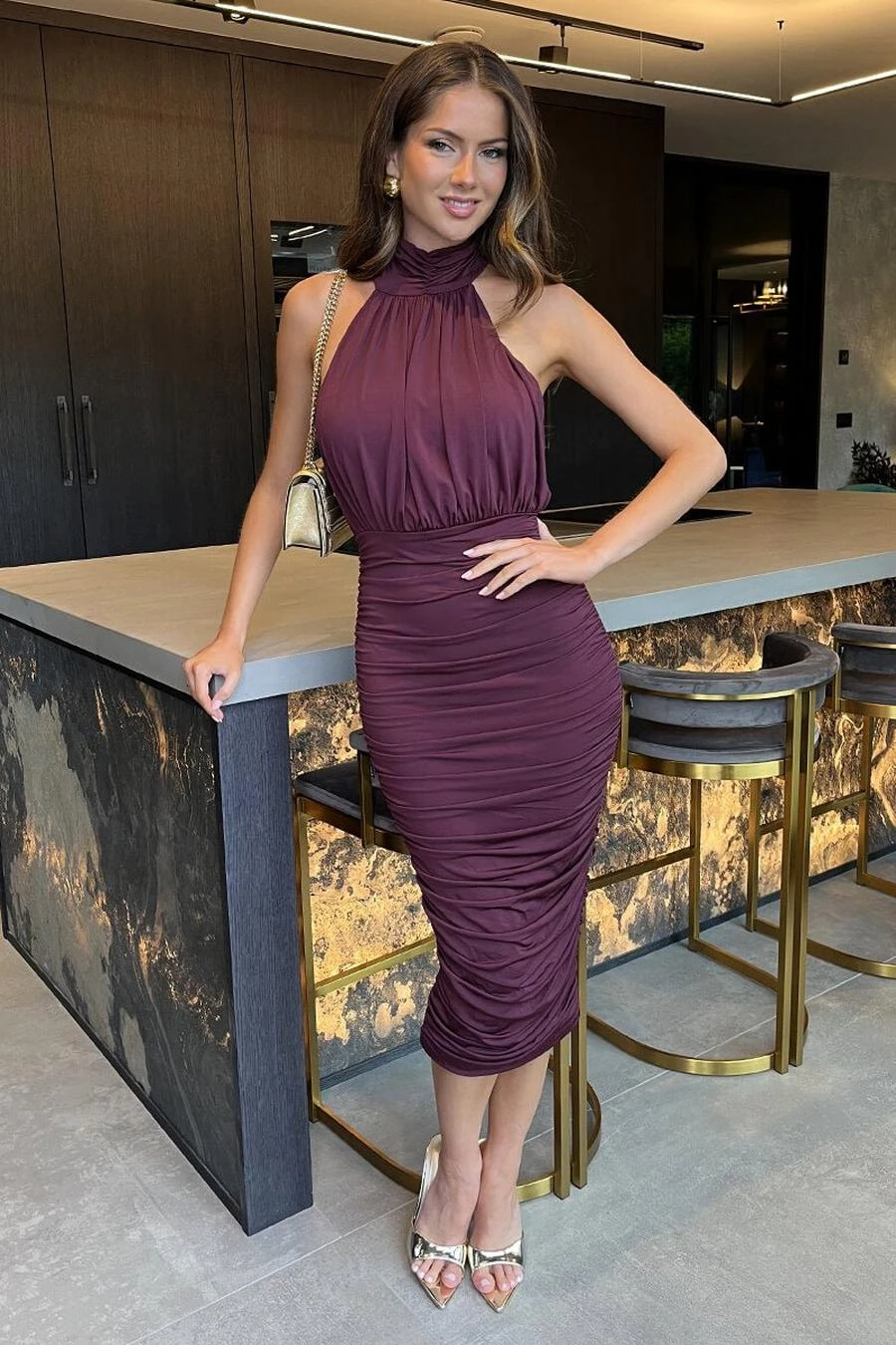 AX Paris Plum Halter Neck Ruched Bodycon Midi Dress 2 AX Paris Plum Halter Neck Ruched Bodycon Midi Dress - Image 2