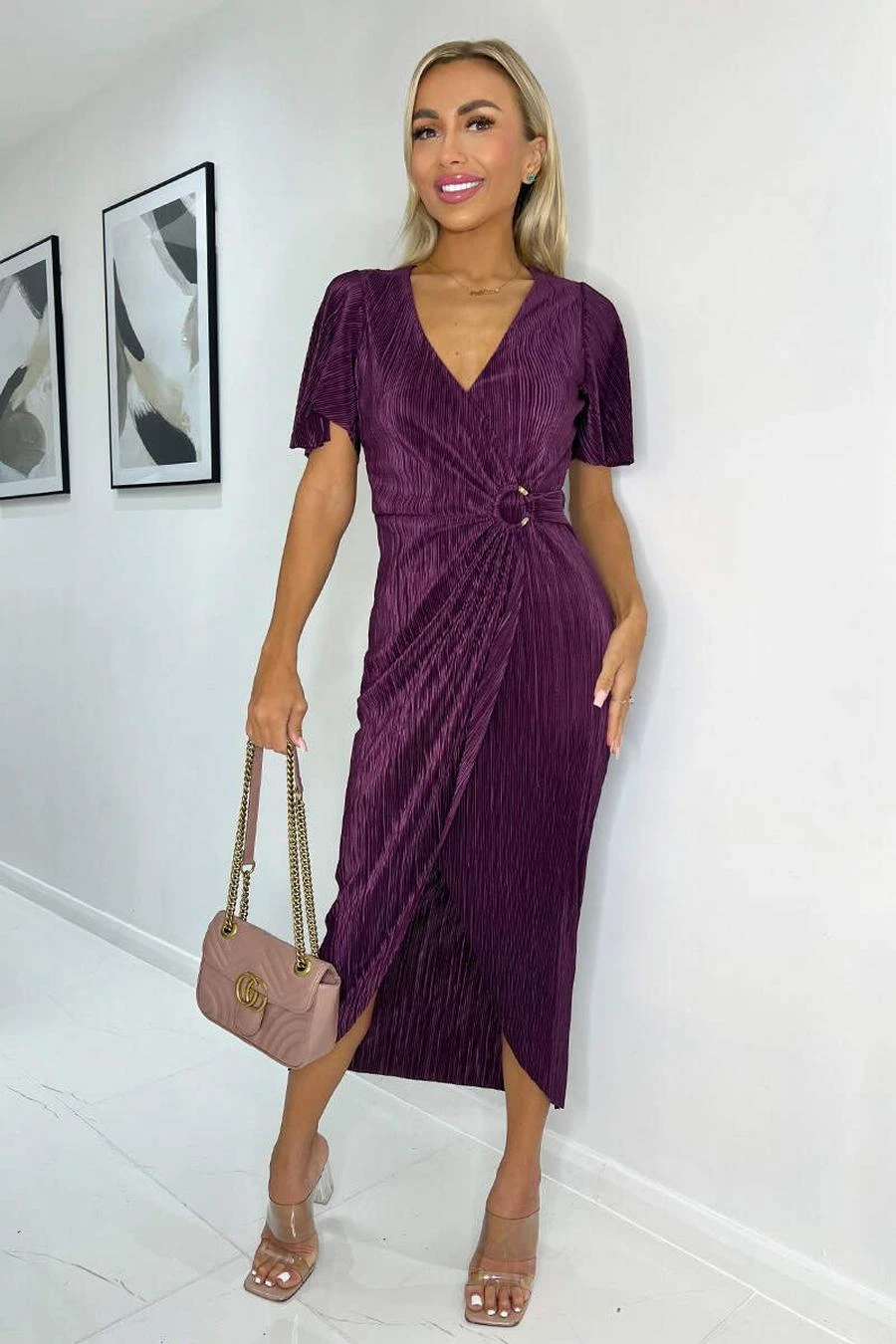 AX Paris Plum Short Sleeve Plisse Wrap Midi Dress 1 AX Paris Plum Short Sleeve Plisse Wrap Midi Dress