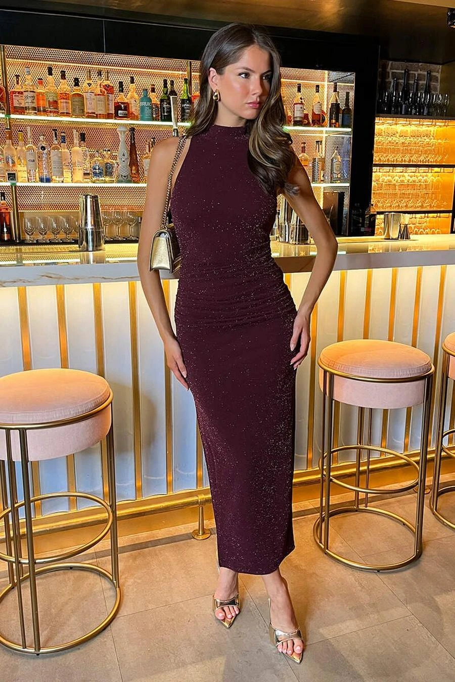 AX Paris Plum Sparkle Halter Neck Ruched Bodycon Midi Dress 2 AX Paris Plum Sparkle Halter Neck Ruched Bodycon Midi Dress - Image 2