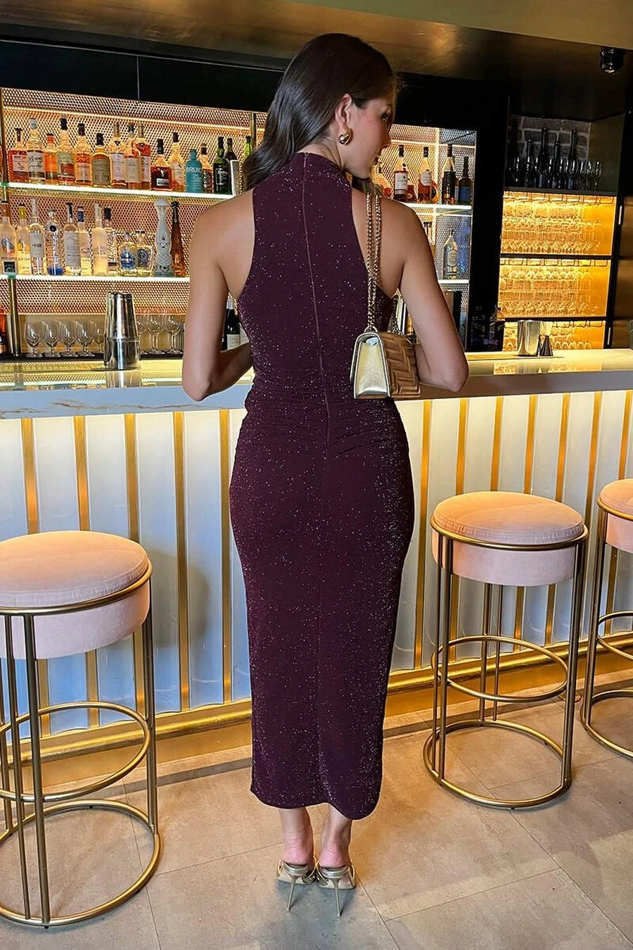 AX Paris Plum Sparkle Halter Neck Ruched Bodycon Midi Dress 4 AX Paris Plum Sparkle Halter Neck Ruched Bodycon Midi Dress - Image 4