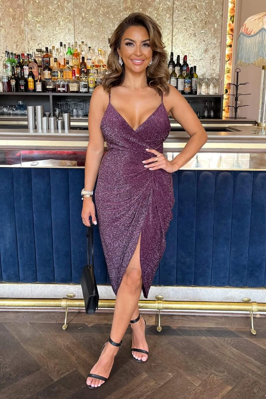 AX Paris Plum Sparkle Strappy Wrap Top Gathered Skirt Midi Dress 3 AX Paris Plum Sparkle Strappy Wrap Top Gathered Skirt Midi Dress - Image 3