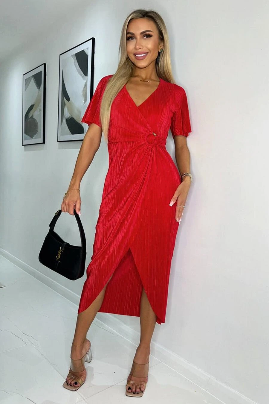 AX Paris Red Short Sleeve Plisse Wrap Midi Dress 2 AX Paris Red Short Sleeve Plisse Wrap Midi Dress - Image 2