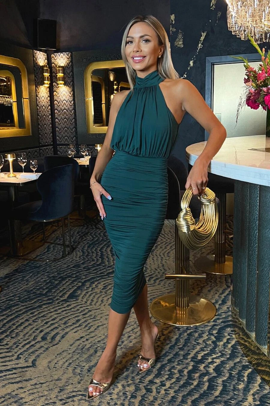 AX Paris Teal Halter Neck Ruched Bodycon Midi Dress 1 AX Paris Teal Halter Neck Ruched Bodycon Midi Dress