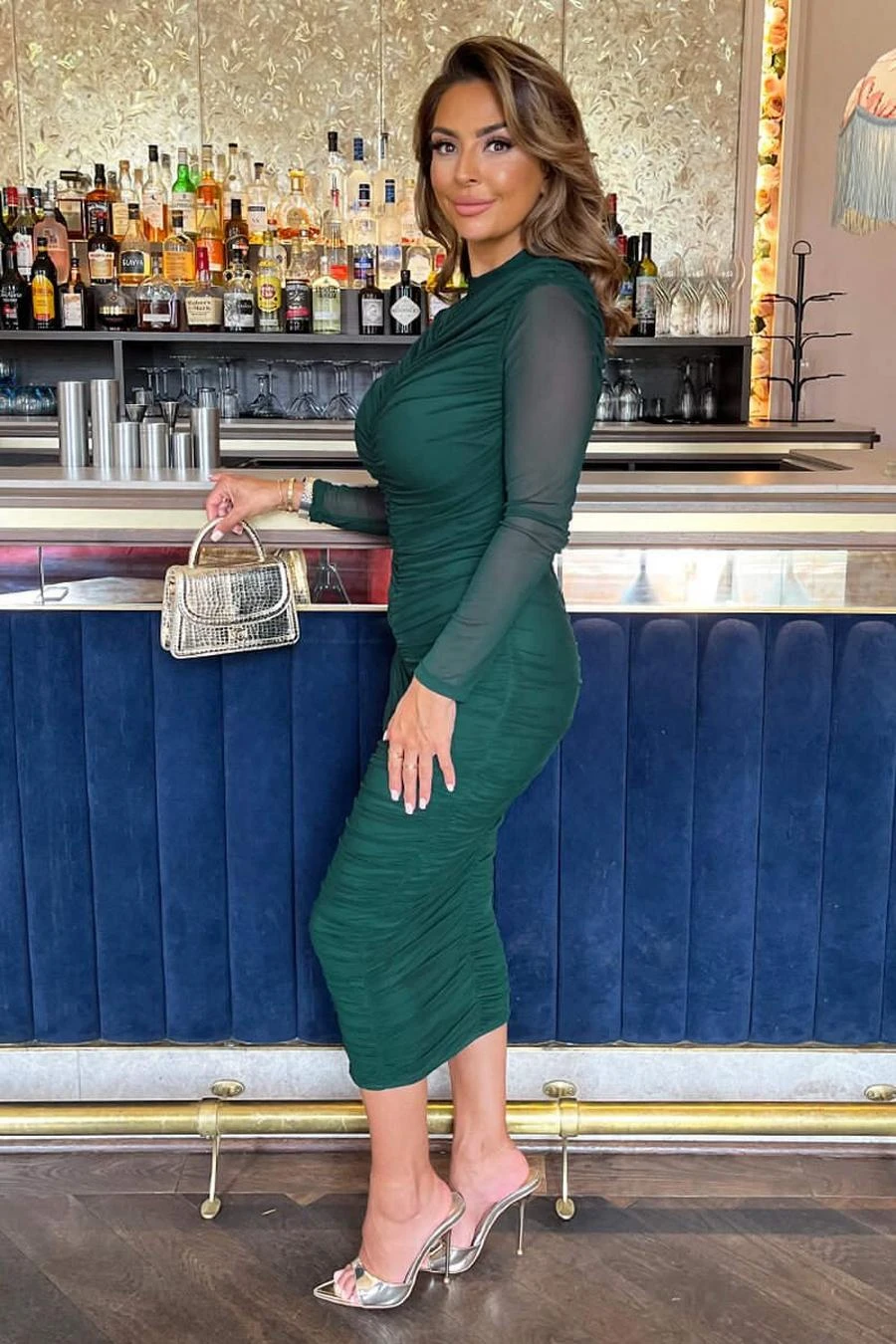 AX Paris Teal High Neck Long Sleeve Ruched Bodycon Mesh Midi Dress 4 AX Paris Teal High Neck Long Sleeve Ruched Bodycon Mesh Midi Dress - Image 4