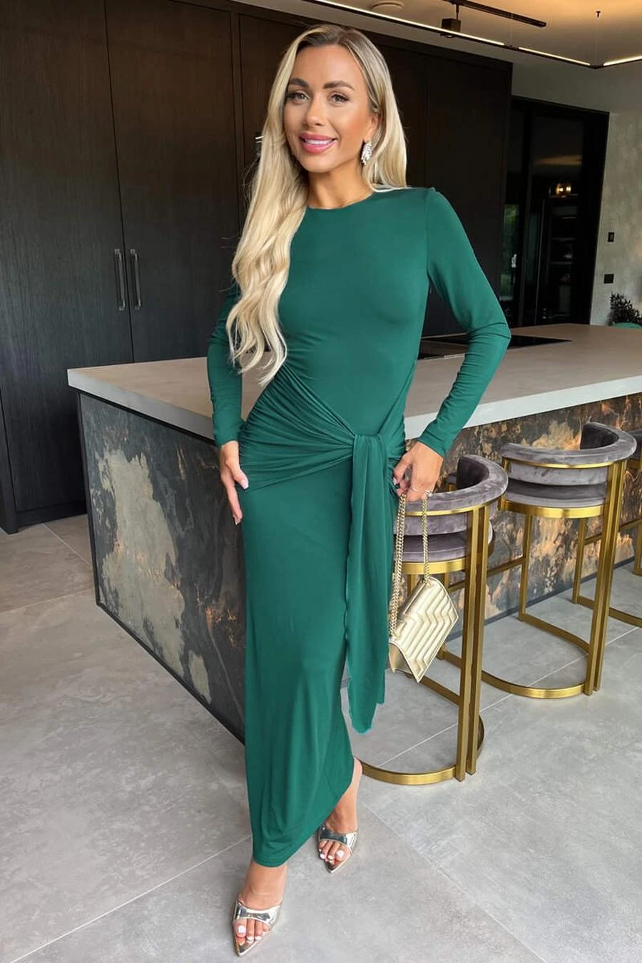 AX Paris Teal Long Sleeve Sash Bodycon Midi Dress 2 AX Paris Teal Long Sleeve Sash Bodycon Midi Dress - Image 2