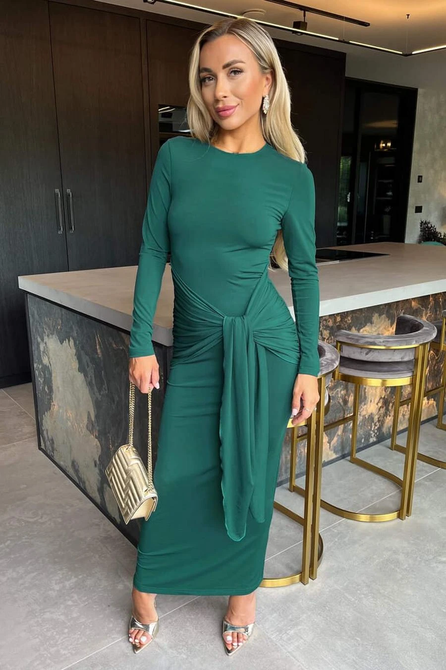 AX Paris Teal Long Sleeve Sash Bodycon Midi Dress 3 AX Paris Teal Long Sleeve Sash Bodycon Midi Dress - Image 3