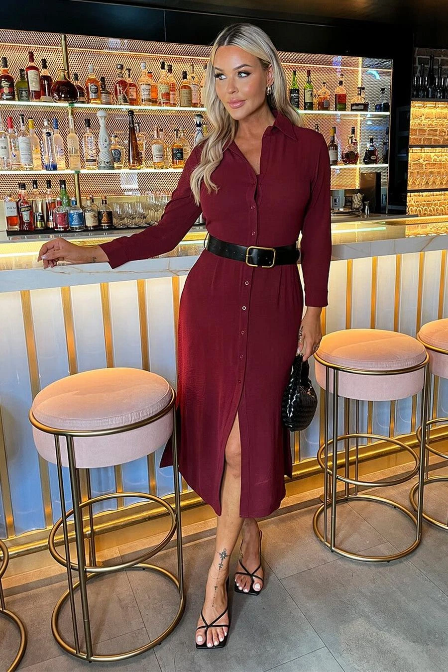 AX Paris Wine Button Front Belted Shirt Midi Dress 2 AX Paris Wine Button Front Belted Shirt Midi Dress - Image 2