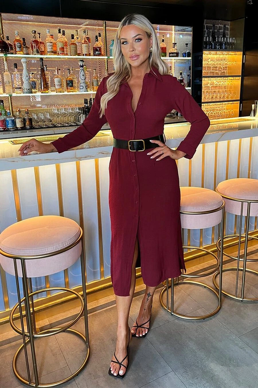 AX Paris Wine Button Front Belted Shirt Midi Dress 3 AX Paris Wine Button Front Belted Shirt Midi Dress - Image 3