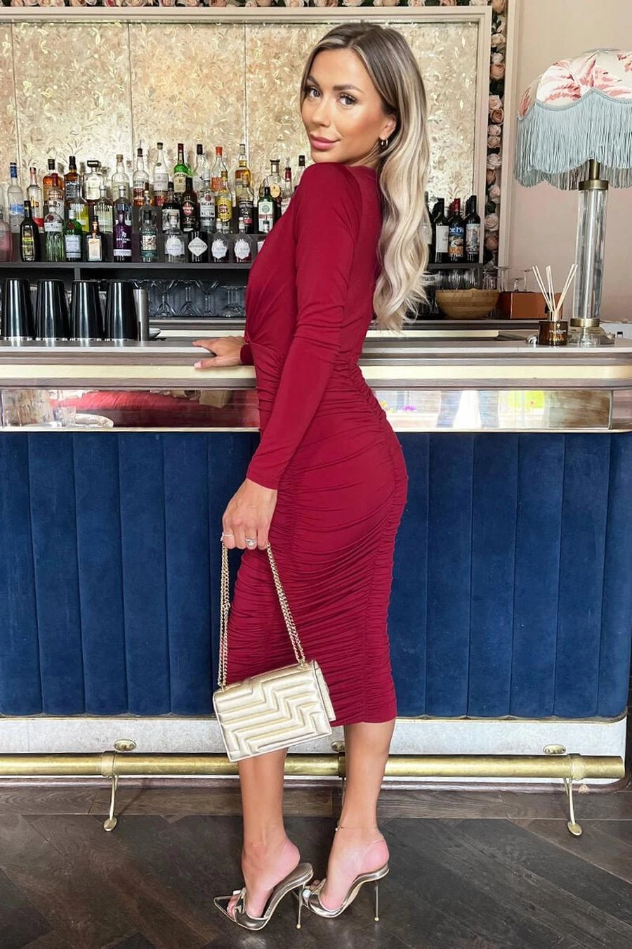 AX Paris Wine Wrap Top Long Sleeve Ruched Bodycon Midi Dress 3 AX Paris Wine Wrap Top Long Sleeve Ruched Bodycon Midi Dress - Image 3