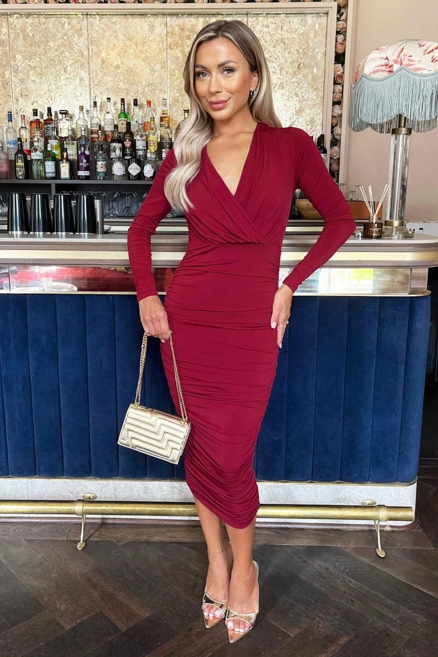 AX Paris Wine Wrap Top Long Sleeve Ruched Bodycon Midi Dress 1 AX Paris Wine Wrap Top Long Sleeve Ruched Bodycon Midi Dress